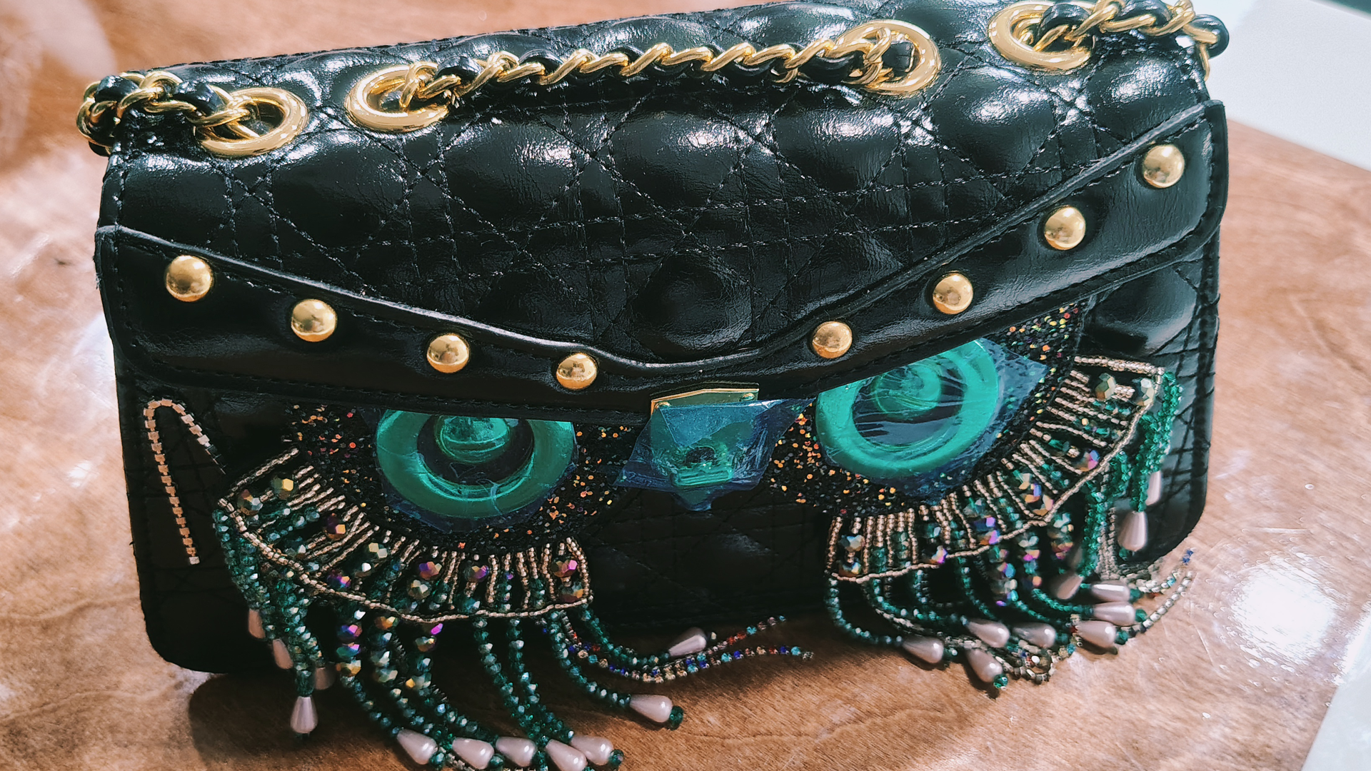 Quilted Black Leather Owl Flap Bag
