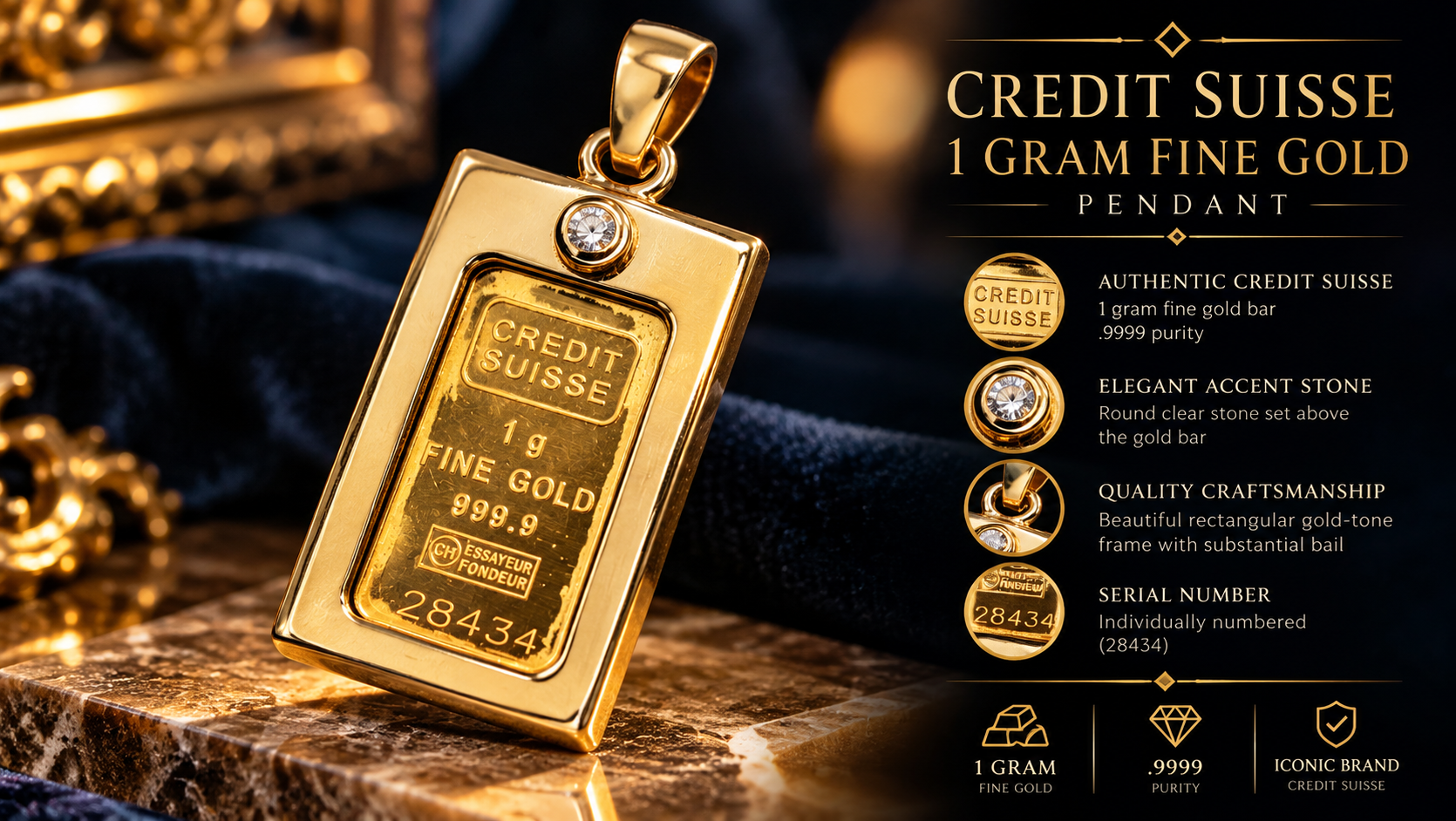 Credit Suisse 1 Gram .9999 Fine Gold Bar Pendant